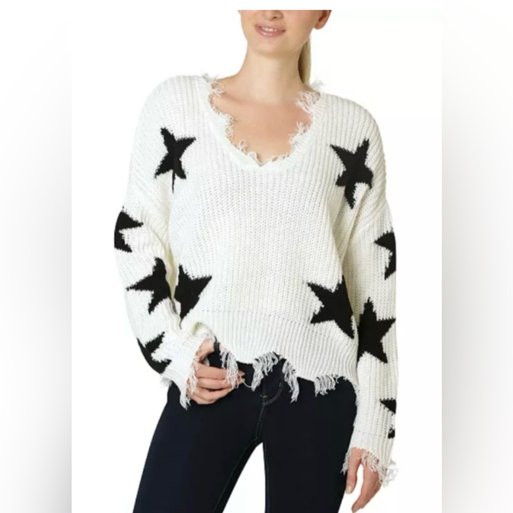•POLLY& ESTHER•WHITE & BLACK VNECK DISTRESSE FRINGE HEM KNIT SWEATER SIZE MEDIUM